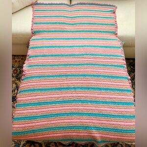 Vtg Handmade Knit Crochet Afghan Blanket Throw Pink Beige Blue 65"x38"